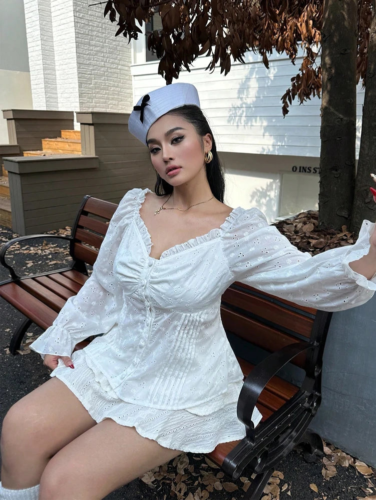 Plus size feminino cor sólida querida pescoço manga longa plissado bordado blusa elegante primavera verão novo