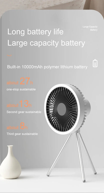 2024 New Portable Tripod Camping Fan 10000mAh USB Rechargeable Multifunctional Mini Outdoor Tent Wireless Ceiling Electric Fan