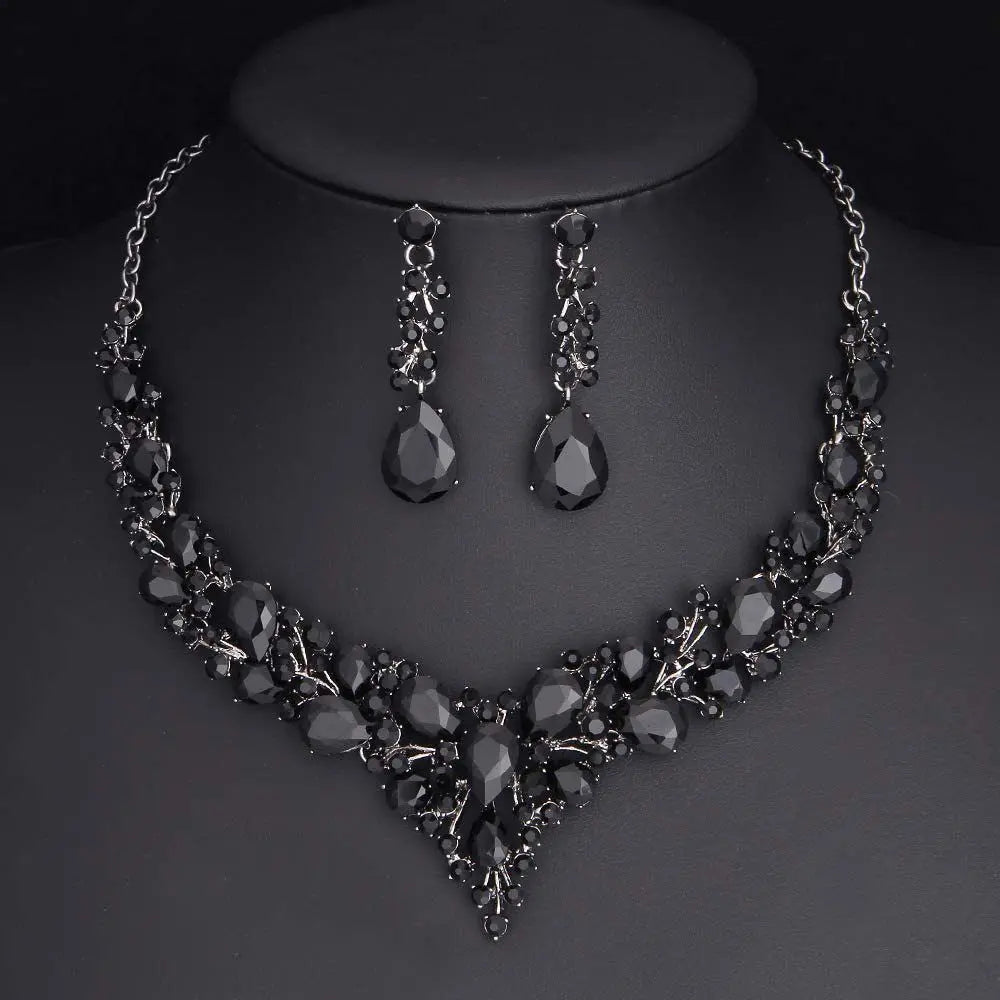 1 Set Women Jewelry Party Wedding Bridal Austrian Crystal Teardrop Cluster Statement Necklace Dangle Earrings Gifts For Her