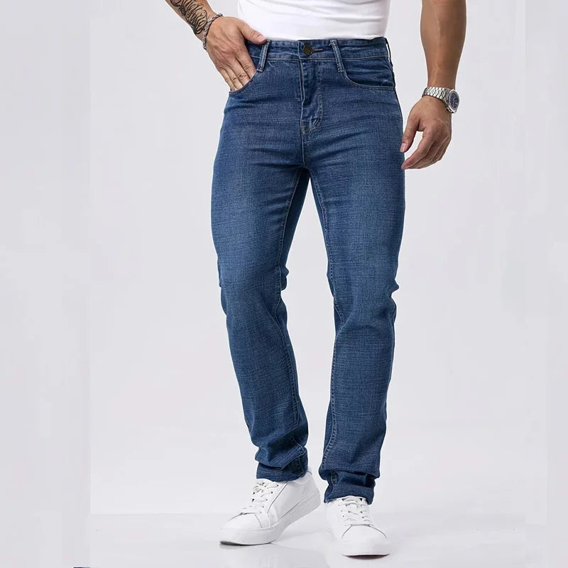 Spring Autumn Business Men Jeans Casual Straight Stretch Fashion Classic Black Sky Blue Grey Work Denim Trousers Brand Clothing
