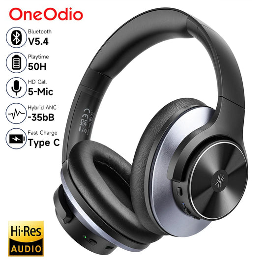 Oneodio A10 Bluetooth 5.4 Hybrid Active Noise-Cancelling Headphones with Hi-Res Audio, Over-Ear Wireless Headset, ANC with 5-Mic