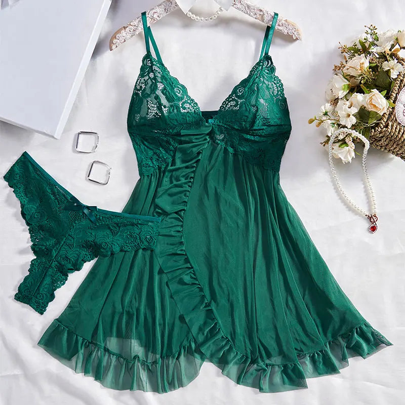 Exquisitas lencerías de tul con escote en V y encaje para mujer, conjunto de tanga semitransparente, camisones de lencería para mujer