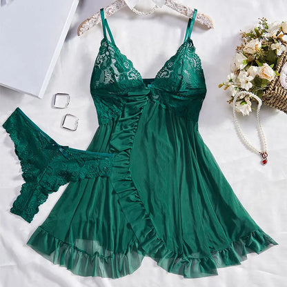 Exquisitas lencerías de tul con escote en V y encaje para mujer, conjunto de tanga semitransparente, camisones de lencería para mujer