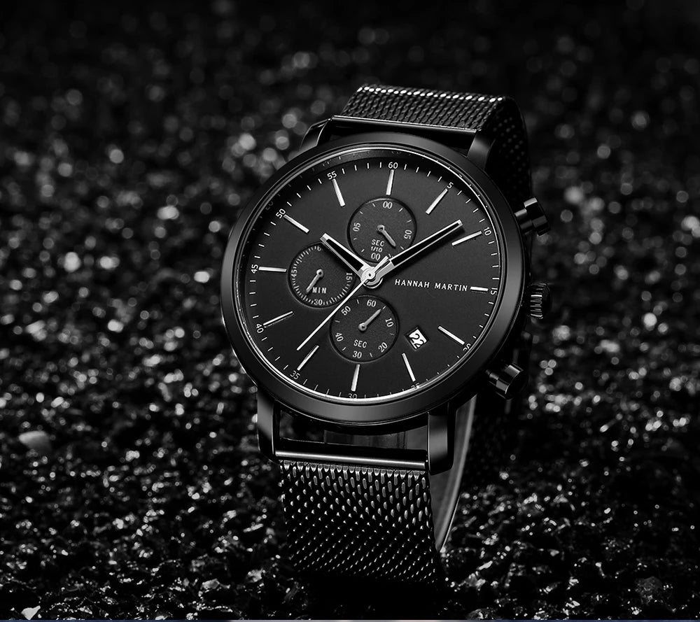 HANNAH MARTIN Brand Men Watch Black Stainless Steel Waterproof Fashion Sports Multifunctional Quartz Wristatch Relogio Masculino