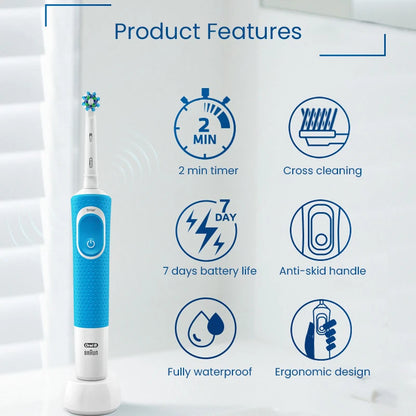 Cepillo de dientes eléctrico Oral B D100 2D Vitality, resistente al agua, con cargador inductivo y temporizador.