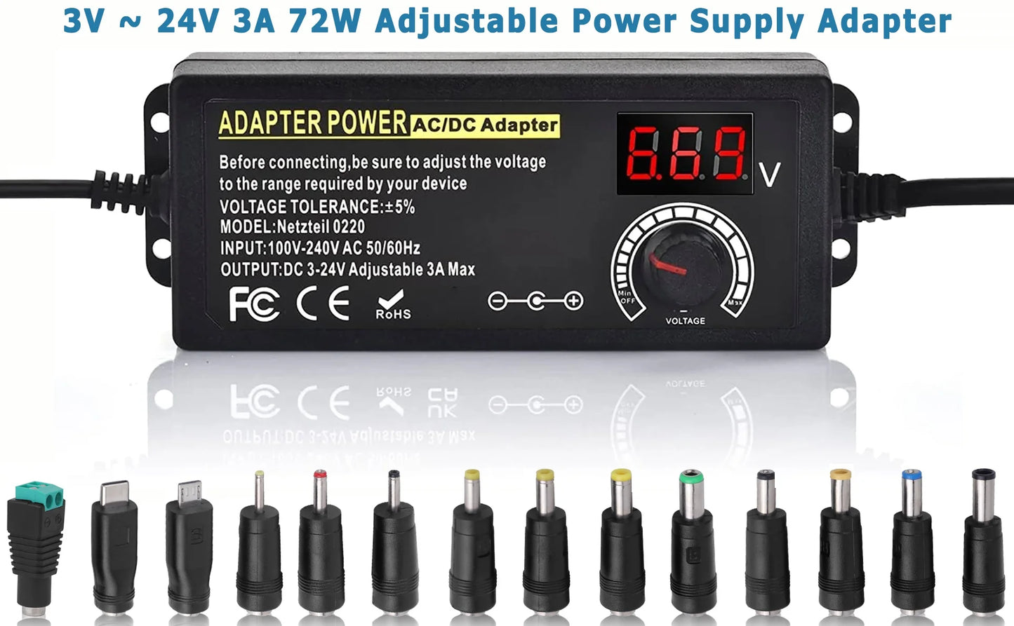 AC to DC Power Supply Adjustable Laboratory Supply Power Source 3V-24V-3A Portable Universal Adapter EU/US Plug Alligator Clip