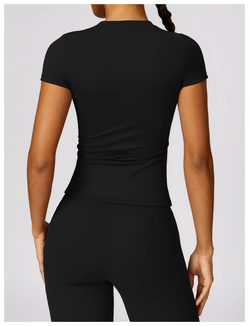 NCLAGEN - Camiseta deportiva para mujer, para correr, de verano, de manga corta, cuello redondo, transpirable, elástica, para gimnasio, yoga, fitness, ajustada, activa