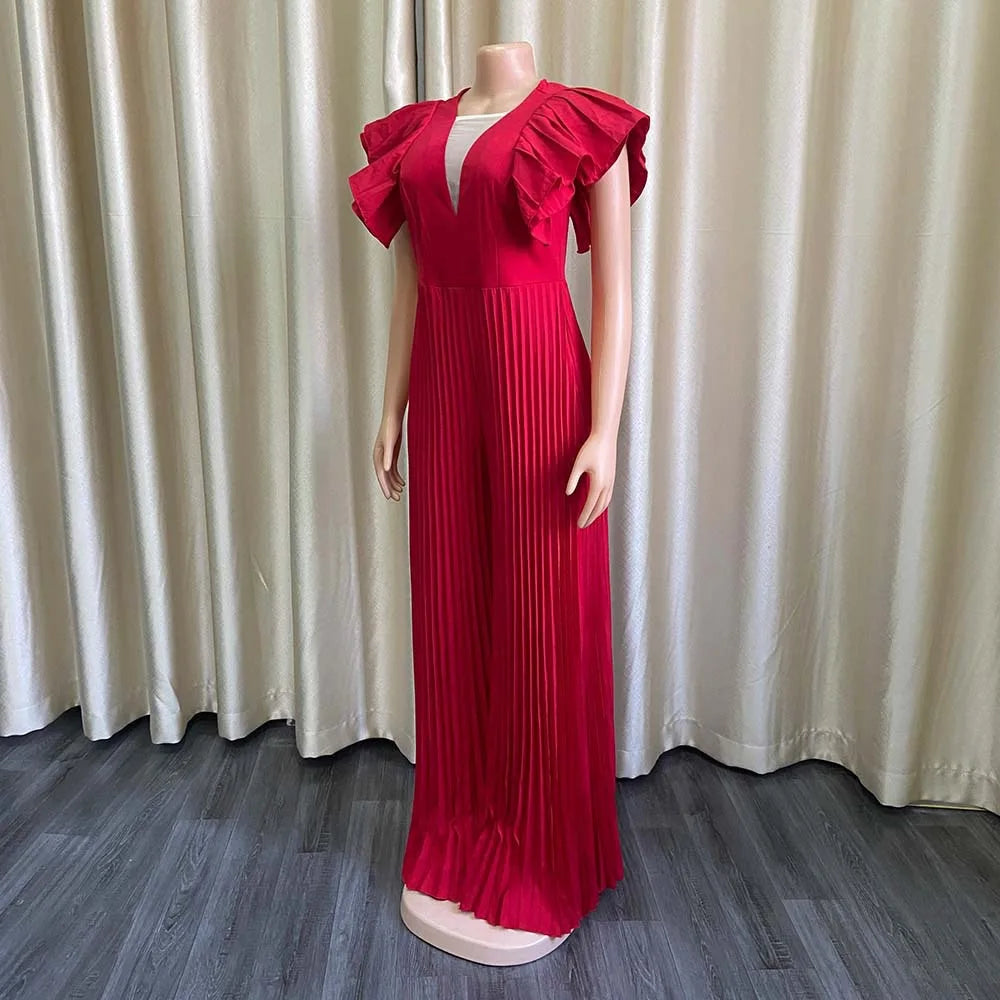 Elegant Pleated Jumpsuits & Rompers for Women V Neck Ruffles High Waisted Loose Floor Length Luxury Female Birthday Party Romper