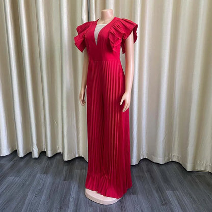 Elegant Pleated Jumpsuits & Rompers for Women V Neck Ruffles High Waisted Loose Floor Length Luxury Female Birthday Party Romper