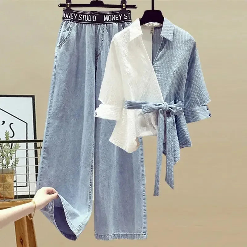 2026 Spring Summer New Korean Elegant Splicing Short Sleeved Shirt+Jeans Two Piece Suit Women Chic Top Denim Pants Matching Set
