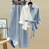 2026 Spring Summer New Korean Elegant Splicing Short Sleeved Shirt+Jeans Two Piece Suit Women Chic Top Denim Pants Matching Set