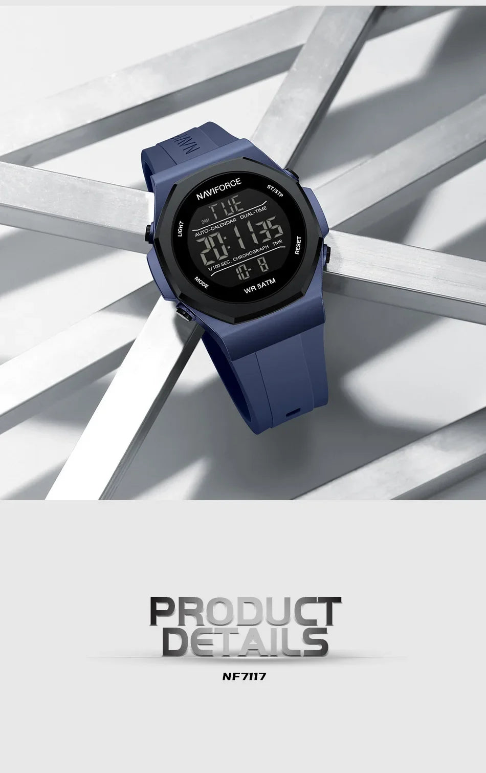 NAVIFORCE NF7117 Sports Watch for Men 5ATM Waterproof Multifunction Electronic Watch Men's LCD Digital Wristwatch