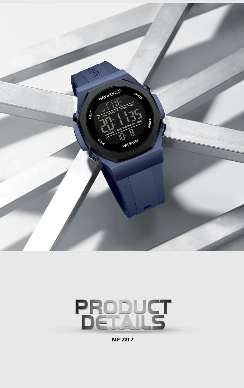 NAVIFORCE NF7117 Sports Watch for Men 5ATM Waterproof Multifunction Electronic Watch Men's LCD Digital Wristwatch