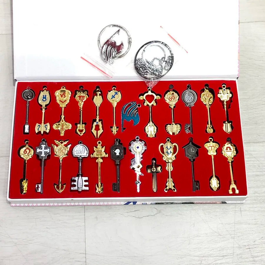 Anime Pendants Jewelry Necklace Keyrings Elsa Lucy Keys Set Zodiac Star Spirit Magician Summons Cosplay Key Ring Gift