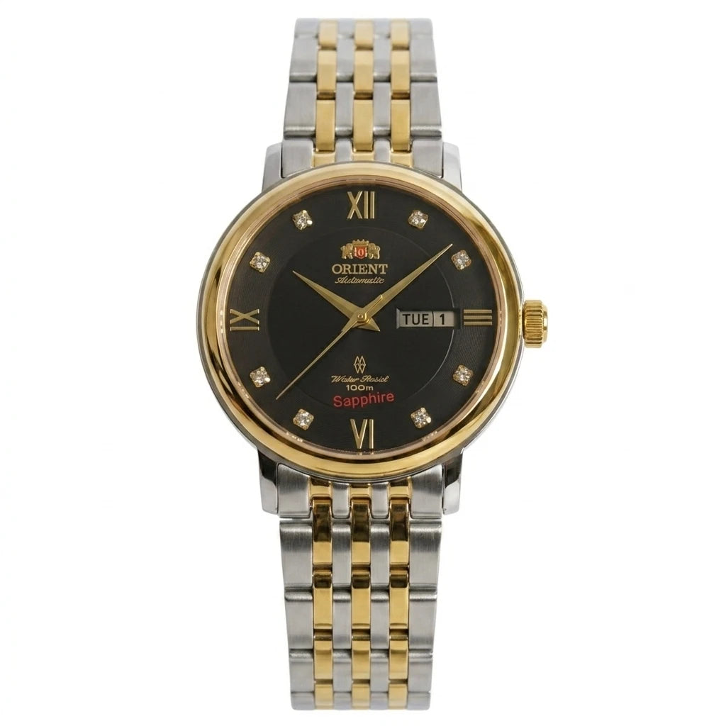 Relógio feminino automático bicolor calendário duplo em aço inoxidável