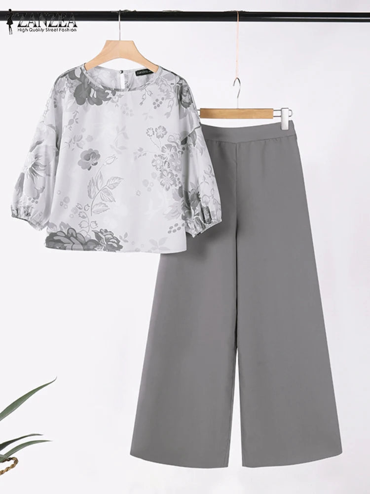 ZANZEA - Conjunto de 2 piezas de chándal para mujer, pantalones de primavera, blusa de manga 3/4, pantalones de pierna ancha, traje informal, conjunto estampado a juego