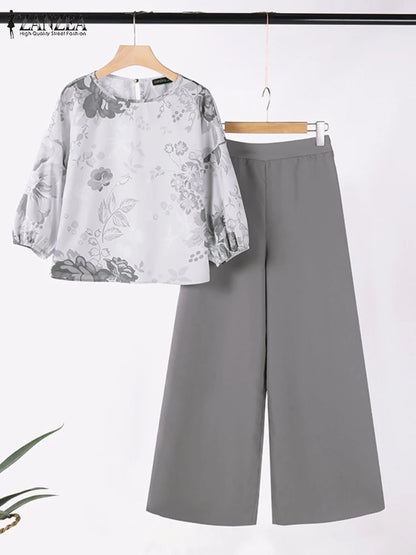 ZANZEA - Conjunto de 2 piezas de chándal para mujer, pantalones de primavera, blusa de manga 3/4, pantalones de pierna ancha, traje informal, conjunto estampado a juego