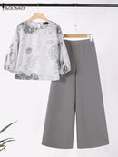 2PCS Fashion Women Tracksuits ZANZEA Spring Pant Sets 3/4 Sleeve Blouse Wide Leg Trousers Suit Casual Outfit Print Matching Set