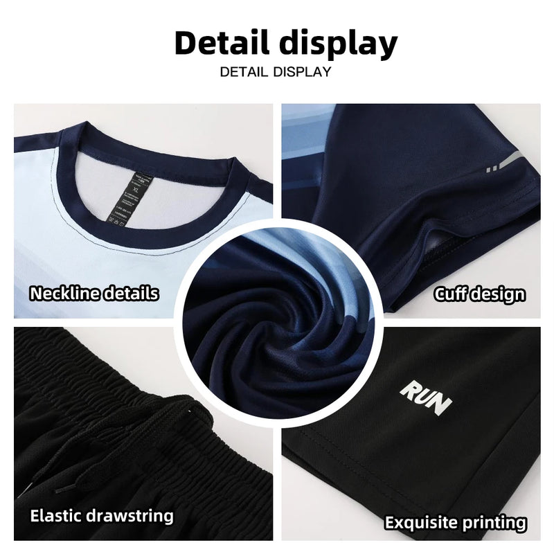 Fitness Clothes Ice Silk Quick Drying T-shirt Suit Men Short Sleeve Running Sportswear Shorts Tracksuit Gym Sports Training Sets