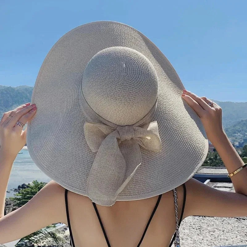 1Pc Women's Seaside Bow Beach Hat Oversize Straw Hat Women's Summer Sun Block Big Brim Hat Suitable For Sun Protection