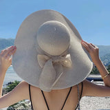 1Pc Women's Seaside Bow Beach Hat Oversize Straw Hat Women's Summer Sun Block Big Brim Hat Suitable For Sun Protection