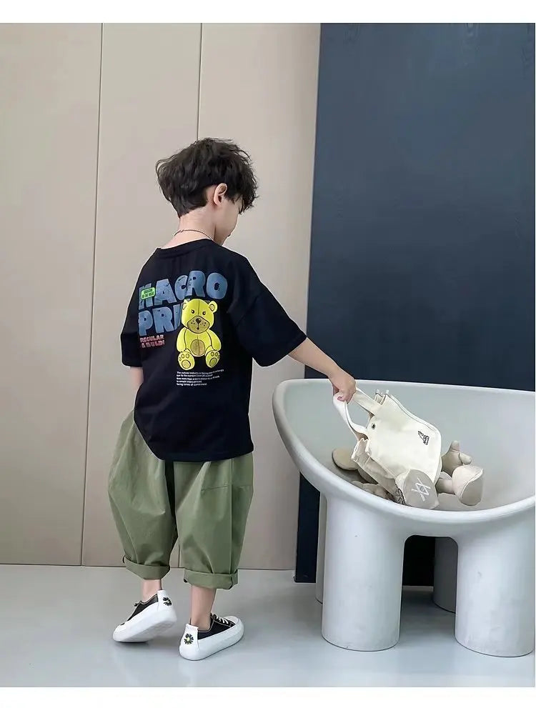Camiseta de manga corta de verano para niños, Top de cuello redondo para niños pequeños y medianos, moda informal versátil de media manga