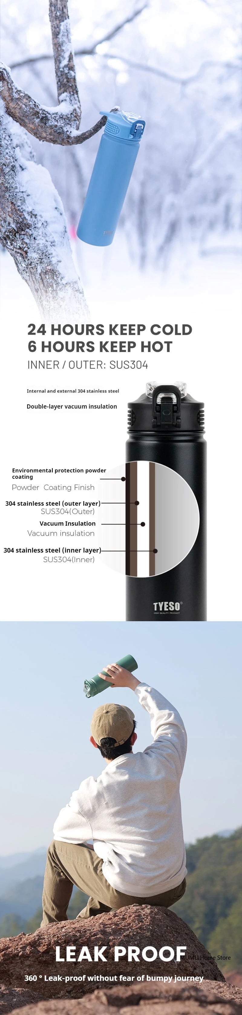 Tyeso 600/750ML Stainless Steel Thermo Bottle Car Thermal Cup Sports Water Bottles Keep Cold and Hot Vacuum Flasks Insulated Cup
