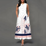 Women's V-neck Sleeveless Long Dress Retro Bohemian Dresses Floral Print Swing Casual New 