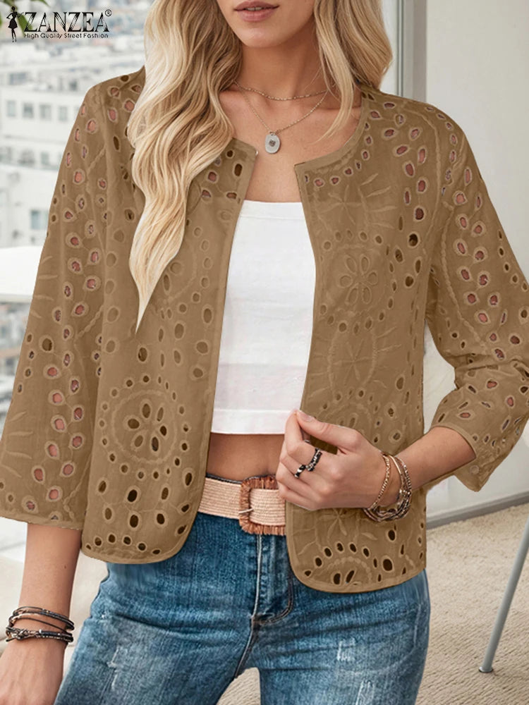 Stylish Autumn Hollow Out Cardigans ZANZEA Women Embroidered Blouse Elegant Shirts 2025 Fashion 3/4 Sleeve Kimonos Slim Fit Tops
