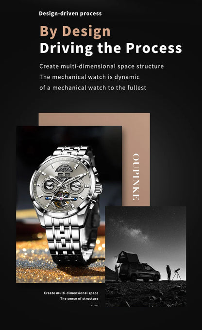 OUPINKE 3251 Skeleton Flywheel Automatic Watch for Men Stainless Steel Waterproof Wristwatch Luxury Sapphire Mirror Men's Watch