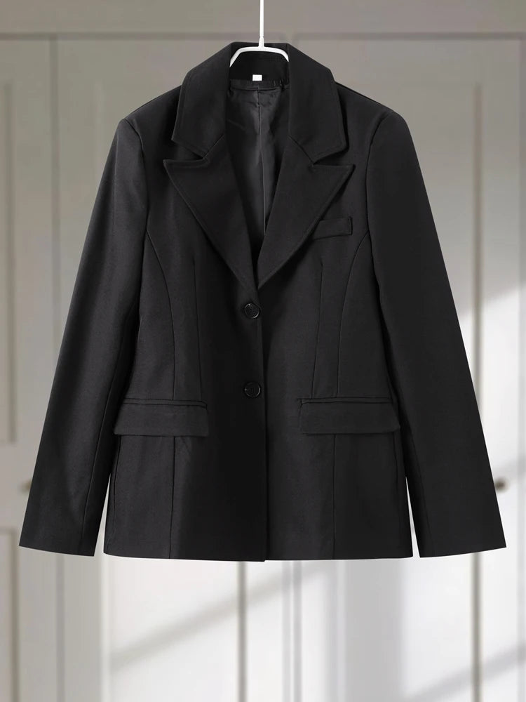 Elegant Black Women's Blazer Coat Slim Single Breasted Long Sleeve Lapel Female Coats 2025 Spring Fashion Simple Lady Outwear