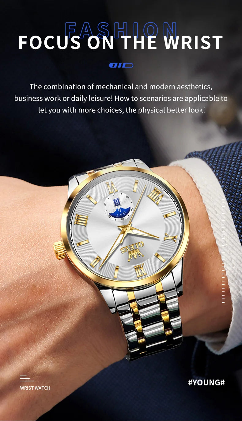 OLEVS 3638 Mens Watch Original Quartz Watch Stainless Steel Waterproof Luminous Large Dial Day Date Watches Luxury Men Box Reloj