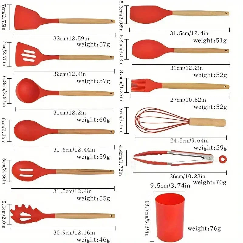 Juego de utensilios de cocina con mango de madera de silicona multicolor, espátula y cuchara antiadherente, utensilios de cocina, resistentes al calor, 12 Uds.