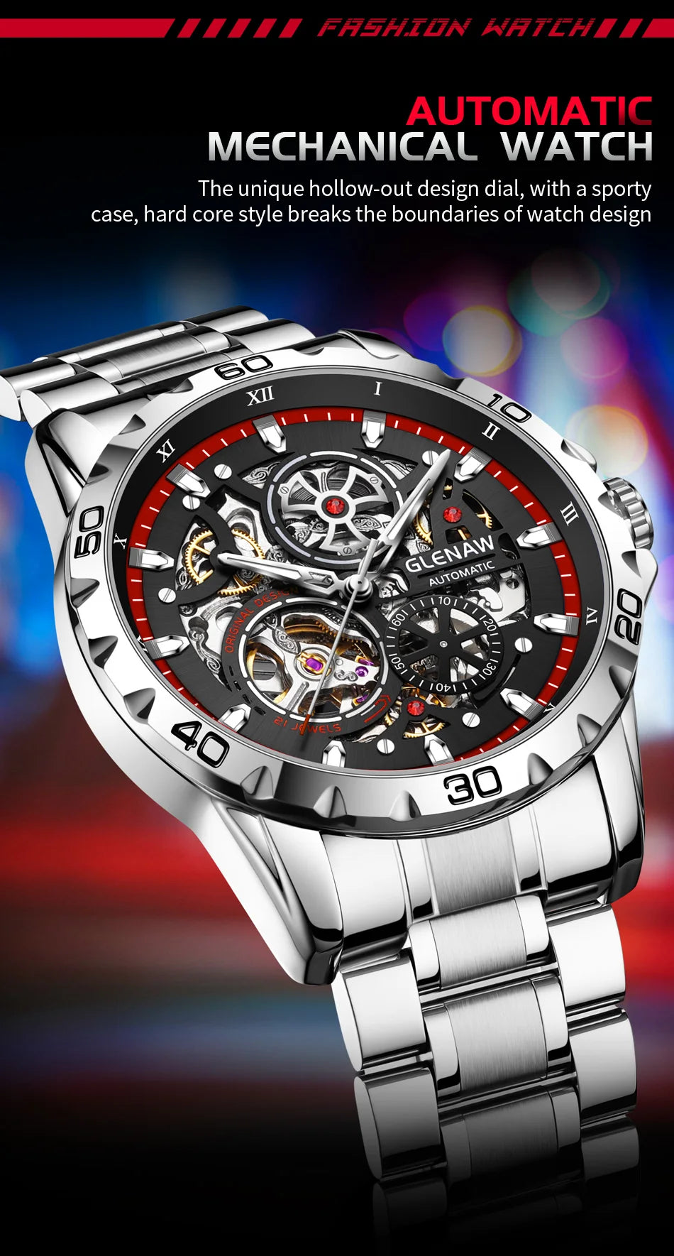 GLENAW Steampunk Skeleton - Reloj para hombre, anillo, relojes mecánicos automáticos de lujo, luminosos, resistentes al agua, correa de acero inoxidable