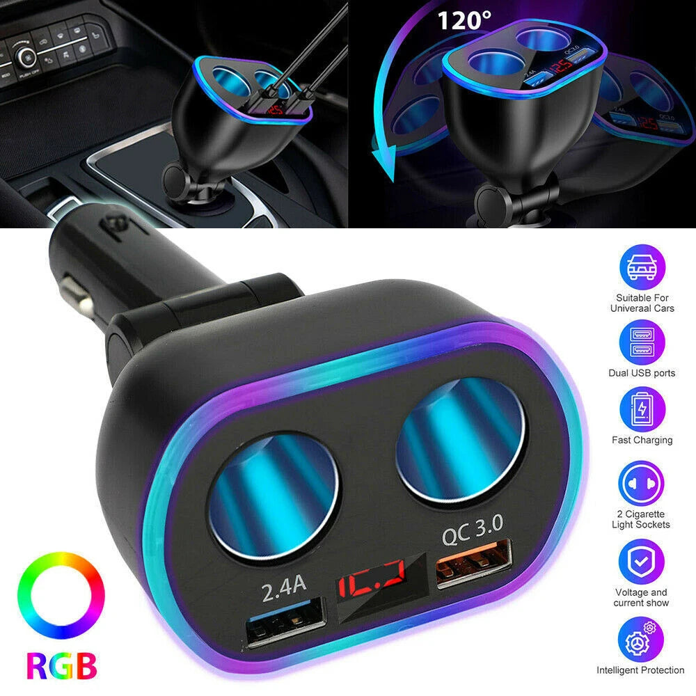 QC3.0 Car Charger 12V Dual USB LED Display  Fast Charging 120° Rotation Cigarette Lighter Sockets Power Adapter For Phone Tablet