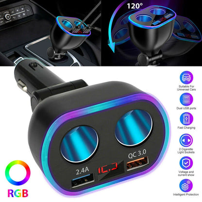 QC3.0 Car Charger 12V Dual USB LED Display  Fast Charging 120° Rotation Cigarette Lighter Sockets Power Adapter For Phone Tablet