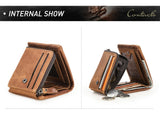 CONTACT'S Genuine Crazy Horse Leather Men Wallets Vintage Trifold Wallet Zip Coin Pocket Purse Cowhide Leather Wallet For Mens