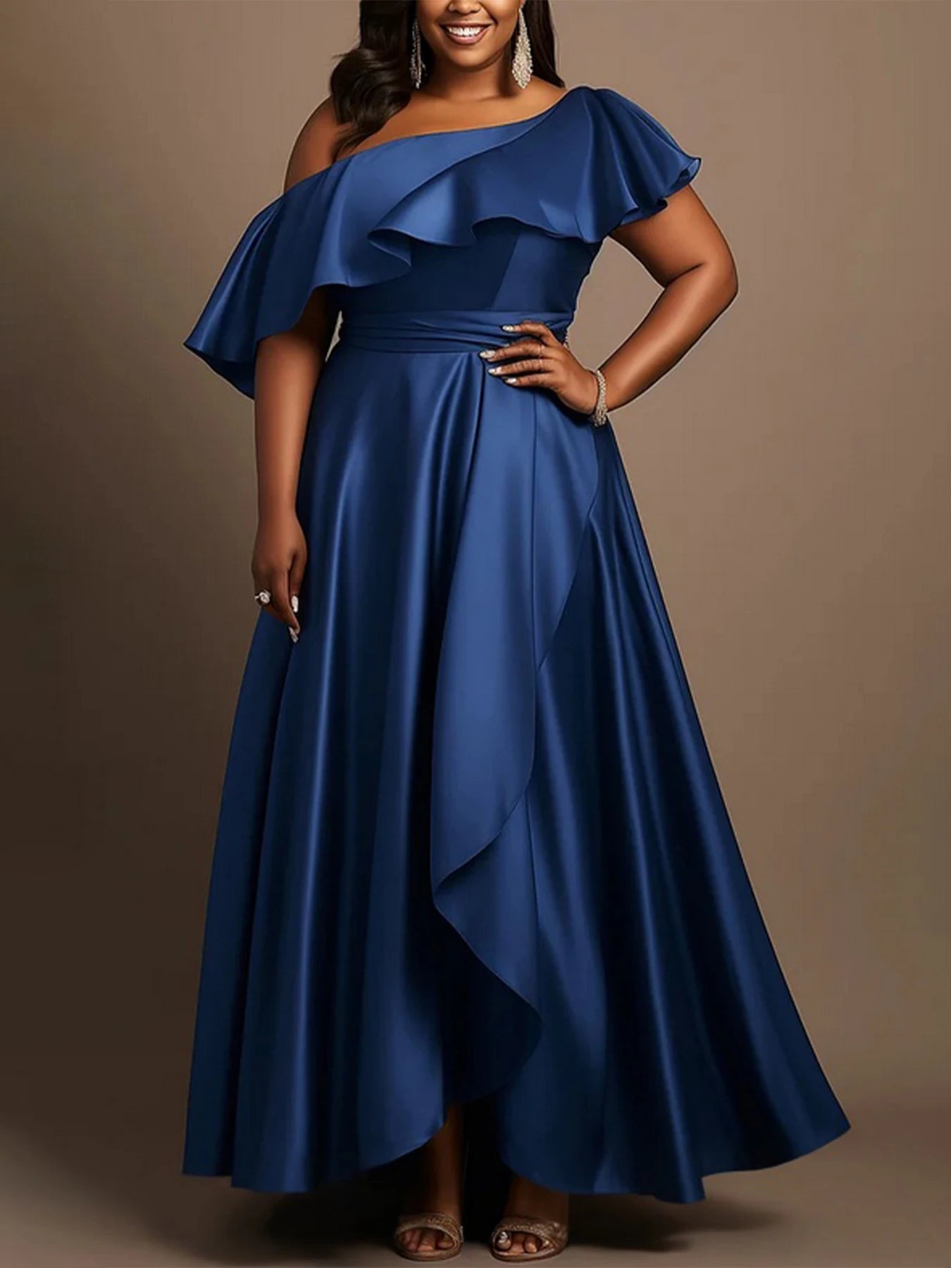 Mulheres elegantes plus size vestido de noite cetim plissado um ombro vintage casual festa cocktail vestido longo manga curta vestido azul
