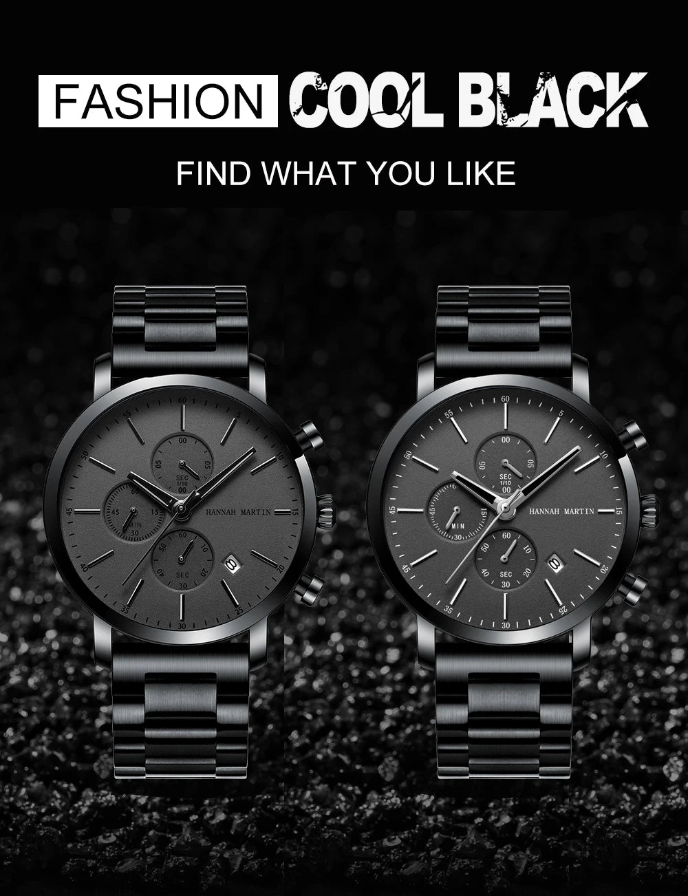 HANNAH MARTIN Brand Men Watch Black Stainless Steel Waterproof Fashion Sports Multifunctional Quartz Wristatch Relogio Masculino
