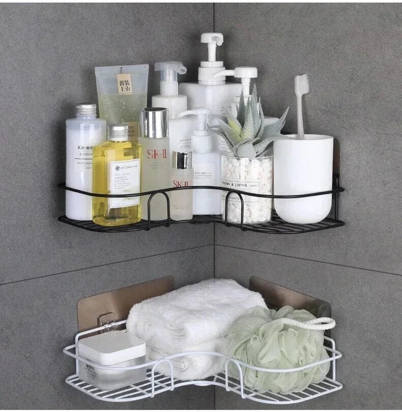 Estante organizador de baño de esquina, estantes de almacenamiento de esquina montados en la pared, soporte para champú, estante para cosméticos, cesta de drenaje de ducha de hierro