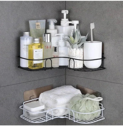 Estante organizador de baño de esquina, estantes de almacenamiento de esquina montados en la pared, soporte para champú, estante para cosméticos, cesta de drenaje de ducha de hierro