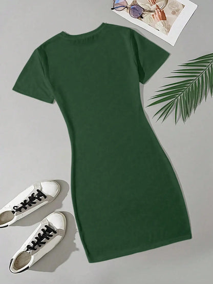 Summer women's fashion simple green solid color casual slim fit short sleeve round neck short mini dress 2024 New