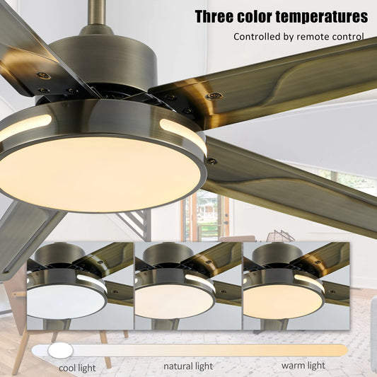 IRALAN Industrial Ceiling Fan Light Reversible Quiet DC Motor 3 Color LED Metal Blades for Living Room Kitchen Lobby Decorate