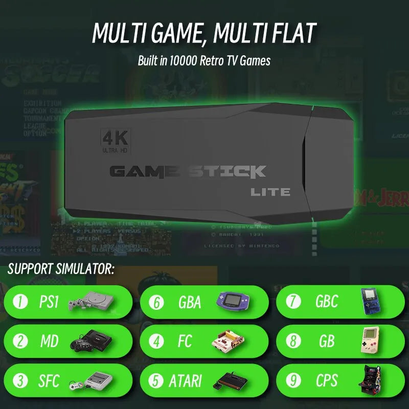 Consola de videojuegos Stick Lite 4K HD M8 de 64 GB con doble mando inalámbrico para 10 000 juegos retro, regalo de Navidad para niños.