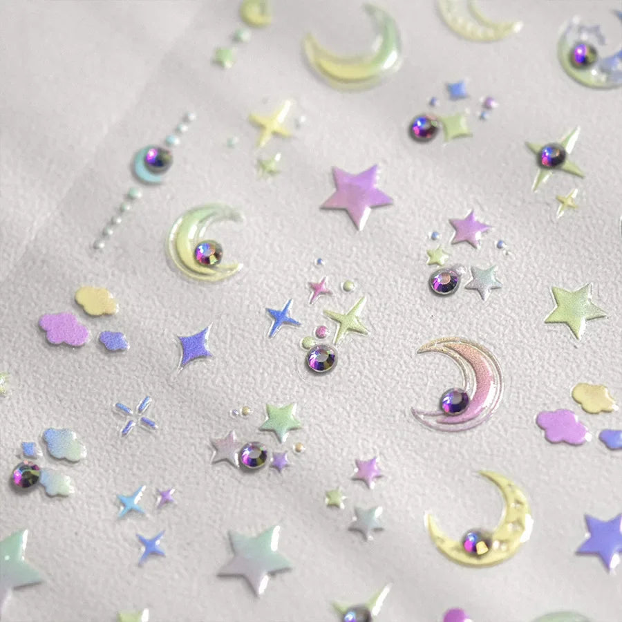 Colorful Pink Gradual Moon Star Cloud Butterfly Rhinestone 5D Soft Embossed Relief Nail Art Sticker 3D Decal Decoration Manicure