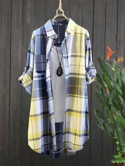 Blusas de algodón a cuadros de longitud media para otoño, informales, nuevas, con botones sueltos, para mujer, moda coreana, camisa elegante de manga larga para invierno