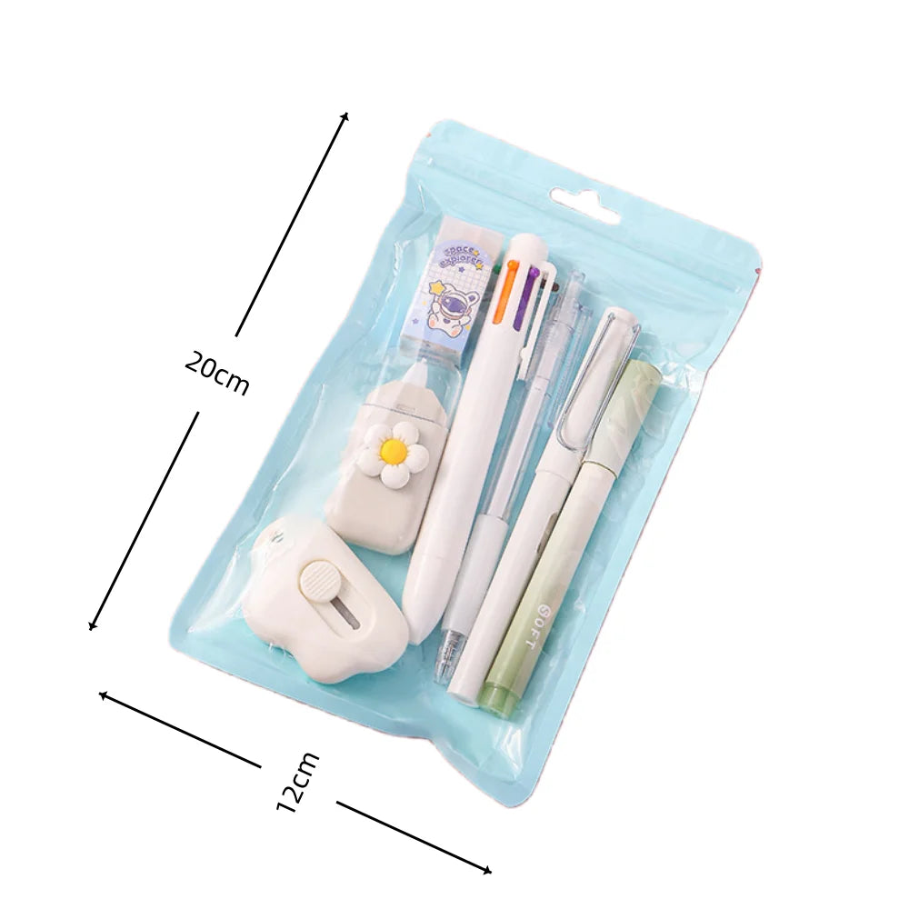 7-in-1 Stationery Set for Children: Back-to-School Gel Pen, Highlighter, Ballpoint Pen, Eternal Pencil, Tape, Eraser, Knife – Kids' Prize