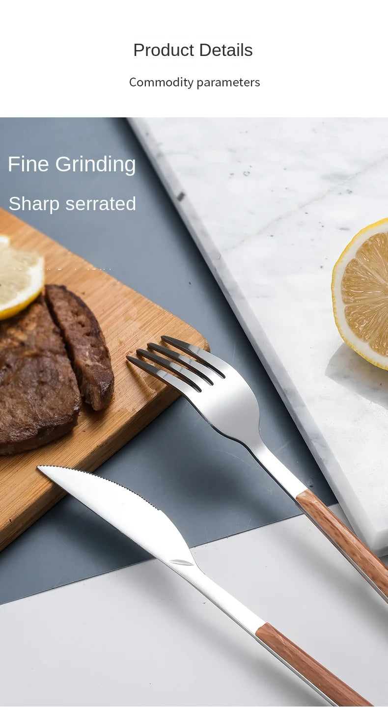 Juego de cubiertos con mango de madera de imitación de acero inoxidable, abrazadera para vajilla occidental, cuchillo, tenedor, cuchara de té, 30 Uds.
