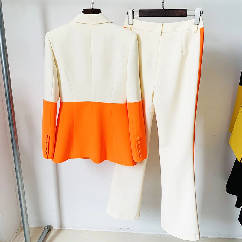 HIGH QUALITY Newest 2025 Star Style Fashion Designer Runway Suit Set Women's Single Button Color Block Blazer Flare Pants Suit