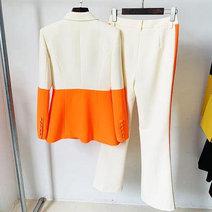 HIGH QUALITY Newest 2025 Star Style Fashion Designer Runway Suit Set Women's Single Button Color Block Blazer Flare Pants Suit